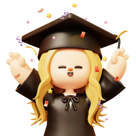 La niña está feliz por completar su título de graduación.  3D Icon