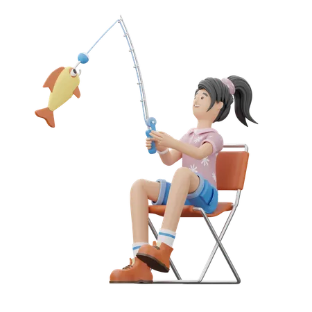 La chica está pescando  3D Illustration