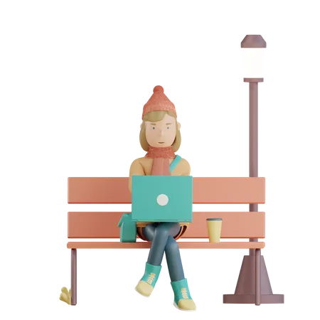 La chica está trabajando usando una computadora portátil en el parque  3D Illustration