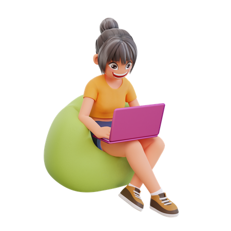 Chica estudiando en una computadora portátil en casa  3D Illustration