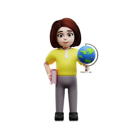 Niña estudiante con globo  3D Illustration