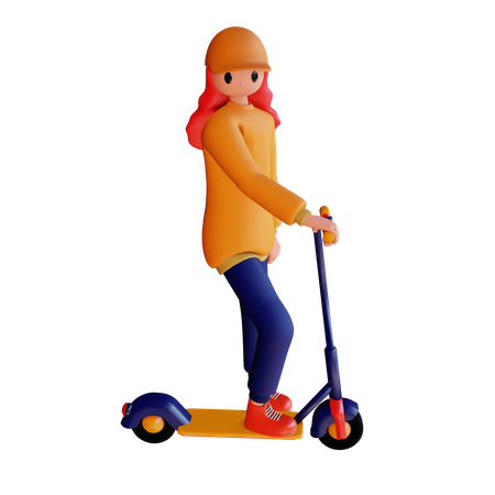 Chica feliz montando scooter eléctrico  3D Illustration