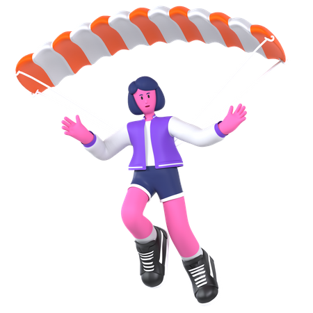 Chica haciendo paracaidismo con paracaídas  3D Illustration