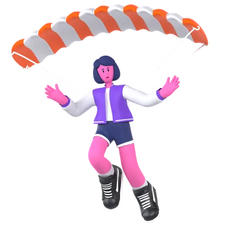 Chica haciendo paracaidismo con paracaídas  3D Illustration