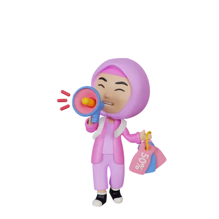 Chica islámica haciendo promoción de venta.  3D Illustration