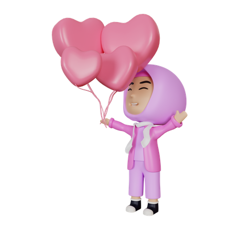 Niña islámica sosteniendo un globo en forma de corazón  3D Icon