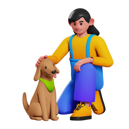 Niña jugando con perro mascota  3D Illustration