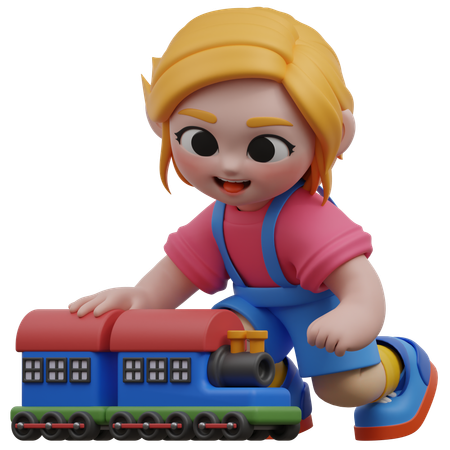 Niña jugando con un tren de juguete  3D Illustration