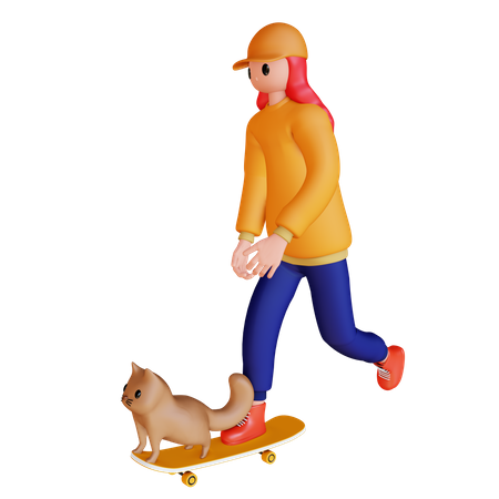 Niña jugando patineta con perro  3D Illustration