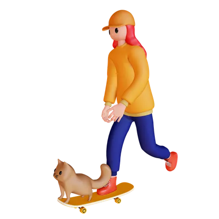 Niña jugando patineta con perro  3D Illustration