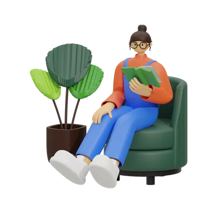 Una joven leyendo un libro mientras estaba sentada en el sofá  3D Illustration
