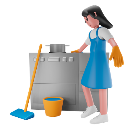 Chica limpiando en la cocina.  3D Illustration