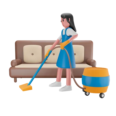 Chica limpiando la casa  3D Illustration