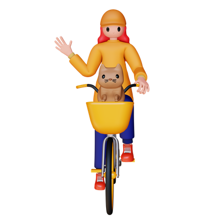 Chica montando en bicicleta con su perro.  3D Illustration