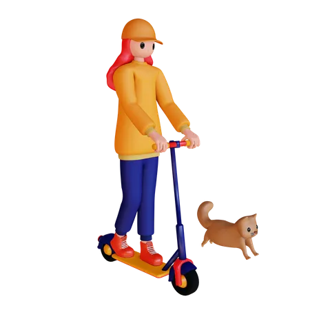 Chica montando scooter con gato  3D Illustration