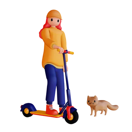 Chica montando scooter eléctrico con gato  3D Illustration