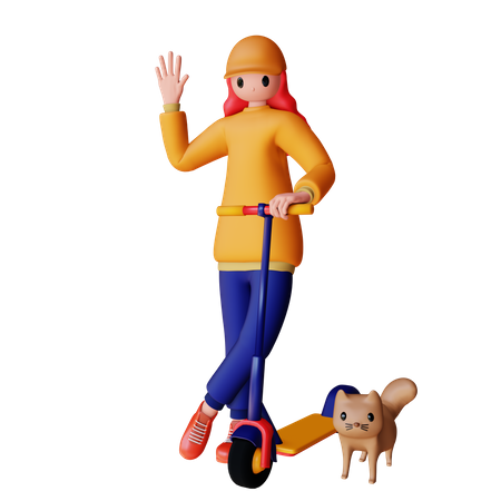 Chica montando scooter eléctrico con gato  3D Illustration