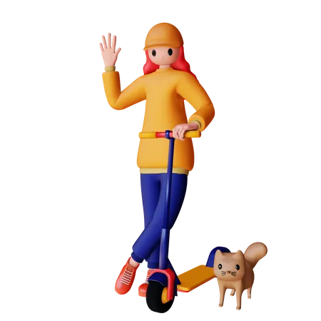 Chica montando scooter eléctrico con gato  3D Illustration