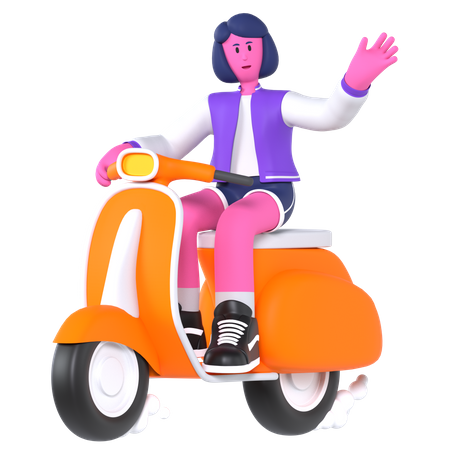 Chica montando scooter mientras viaja  3D Illustration