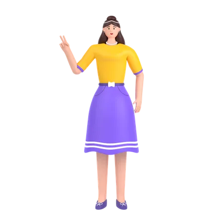 Chica mostrando los dedos haciendo señal de victoria  3D Illustration