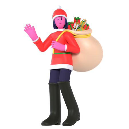 Niña Navidad Con Bolsa Que Contiene Regalos  3D Icon
