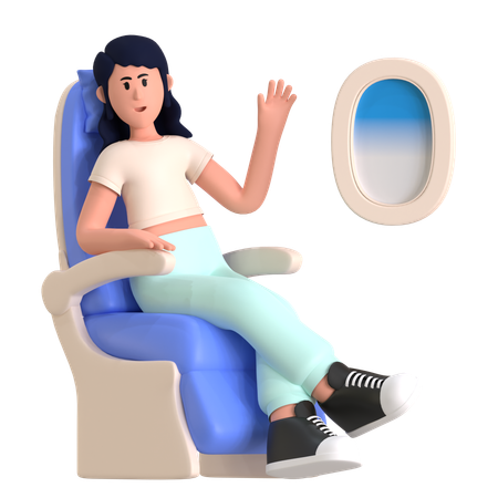 Chica obteniendo asiento junto a la ventana en vuelo  3D Illustration