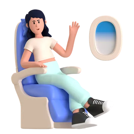 Chica obteniendo asiento junto a la ventana en vuelo  3D Illustration