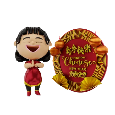 Niña rezando en el año nuevo chino  3D Illustration