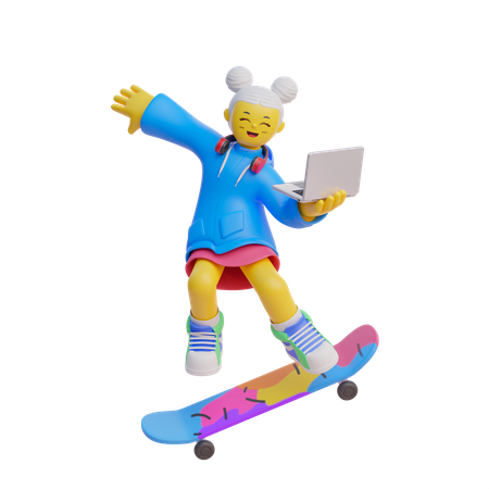 Niña patinando sosteniendo la computadora portátil  3D Icon