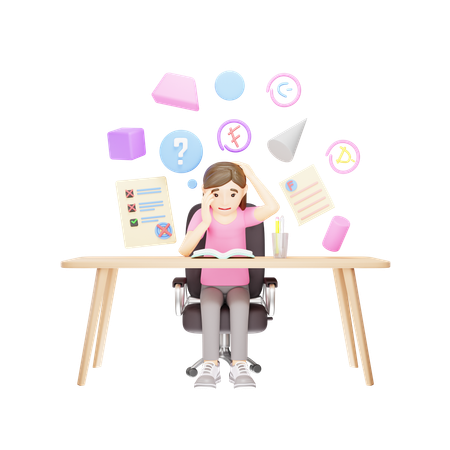 Niña que está estresada por sus notas.  3D Illustration