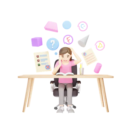 Niña que está estresada por sus notas.  3D Illustration