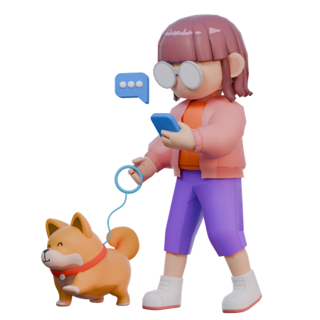 Chica va a caminar con el perro  3D Illustration