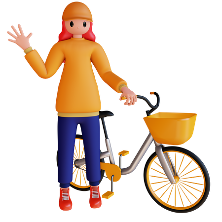 Chica saluda mientras sostiene la bicicleta  3D Illustration