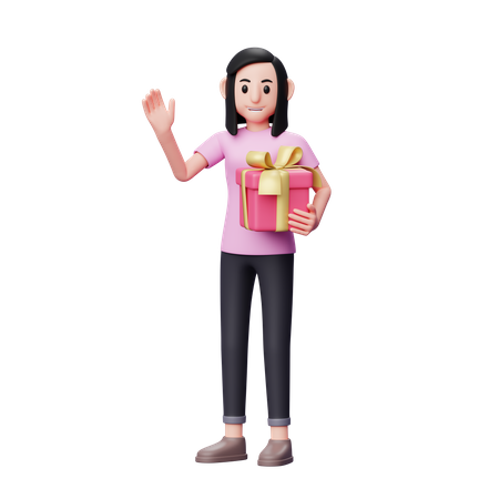 Chica saludando y sosteniendo un regalo rosa  3D Illustration