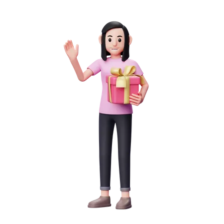 Chica saludando y sosteniendo un regalo rosa  3D Illustration