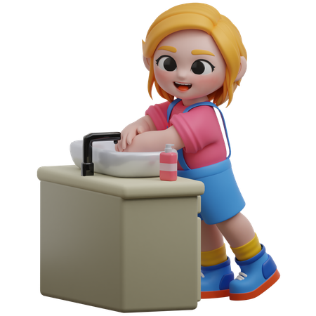 Niña se lava las manos en el lavabo  3D Icon