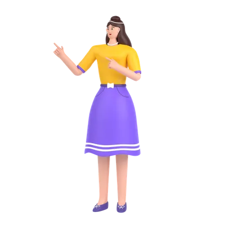 Chica señalando algo en su lado derecho.  3D Illustration