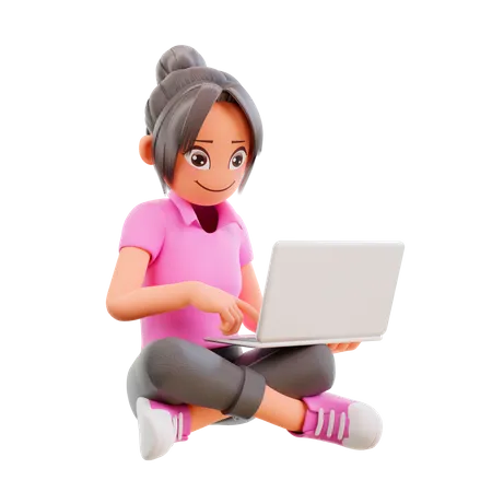 La muchacha se sienta con las piernas cruzadas y estudia en la computadora portátil  3D Illustration