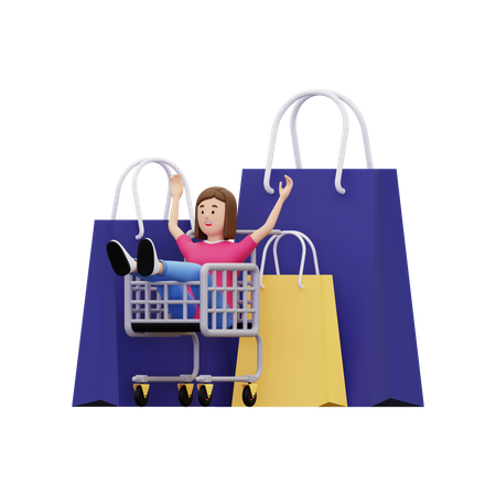 Chica sentada en el carrito de compras  3D Illustration