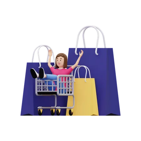 Chica sentada en el carrito de compras  3D Illustration