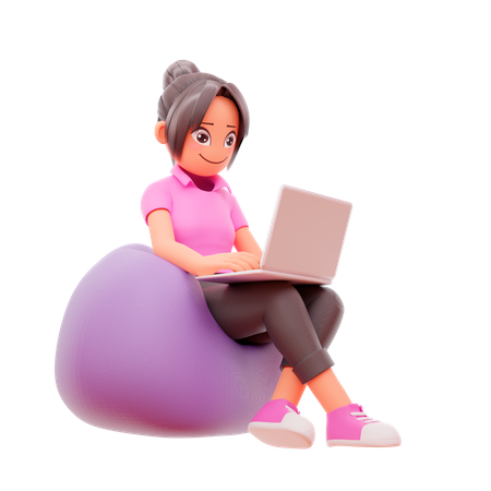 Chica sentada en una bolsa de frijoles y trabajando en una computadora portátil  3D Illustration