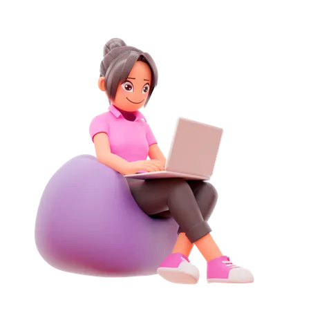 Chica sentada en una bolsa de frijoles y trabajando en una computadora portátil  3D Illustration