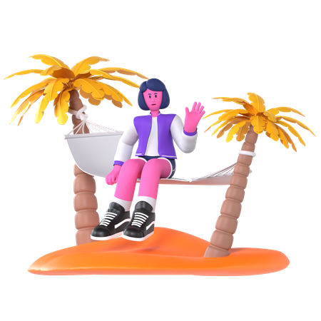 Chica sentada en una hamaca en un cocotero  3D Illustration