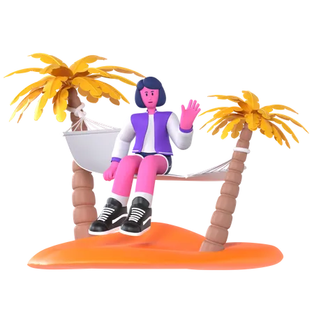 Chica sentada en una hamaca en un cocotero  3D Illustration