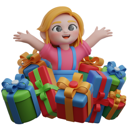 Niña sobre una pila de regalos  3D Icon