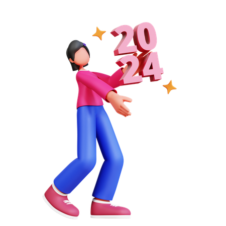 Chica sosteniendo año nuevo 2024  3D Illustration