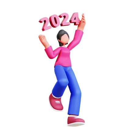 Chica sosteniendo el número de año nuevo 2024  3D Illustration