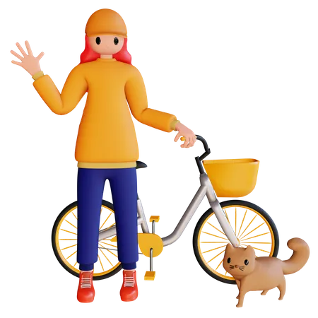 Chica sosteniendo bicicleta con mascota y saludar  3D Illustration