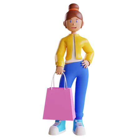 Niña sosteniendo bolsa de compras  3D Illustration