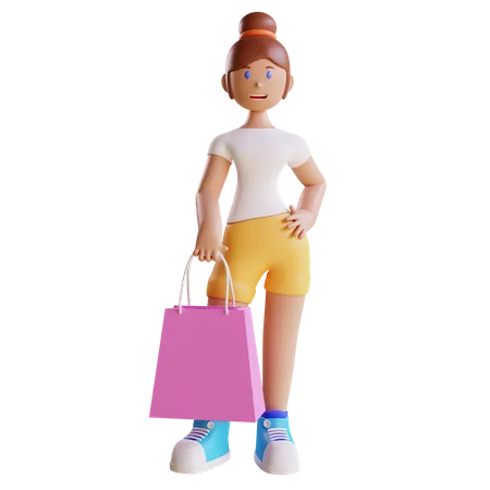 Niña sosteniendo bolsa de compras  3D Illustration